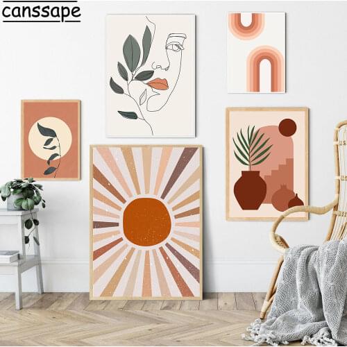 Abstract Trendy Boho Style Canvas Print Leaves Rainbow Wall Art Poster Woman Face Line Painting Wall Pictures Bedroom Home Decor