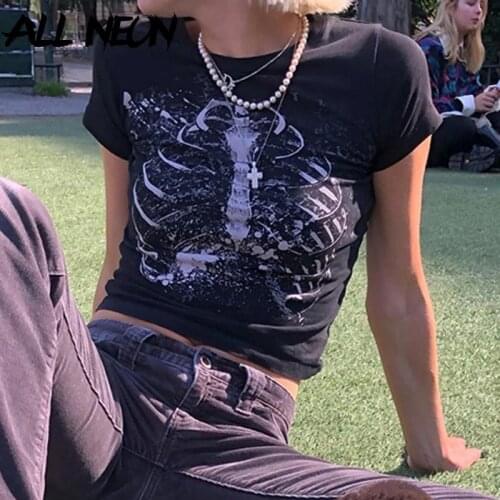 ALLNeon Fairy Grunge Graphic Black Crop Tops E-girl Streetwear O-neck Short Sleeve Mall Goth T-shirts Punk Aesthetics Tees 2021