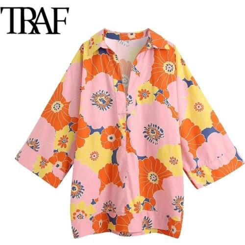 TRAF Women Fashion Oversized Floral Print Blouses Vintage V Neck Long Kimono Sleeve Female Shirts Blusas Chic Tops