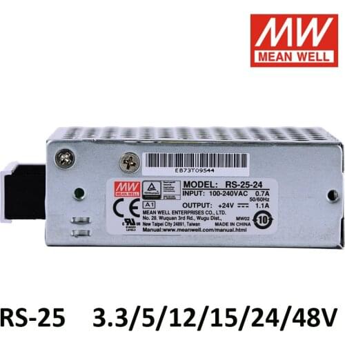Mean Well RS-25 110/220VAC TO DC 3.3V 5V 12V 15V 24V 48V Single Output Switching Power Supply Meanwell LED Driver for 3D Printer