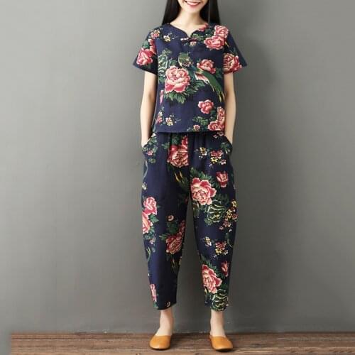 Ethnic Style Sets Fashion Printing Seven-Point Harem Pants Cotton Linen Suit Women New Summer Short-Sleeve Linen Two-Piece suit