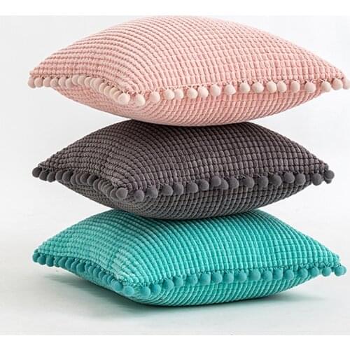Cushion Cover with Pompom Ball White Yellow Blue Grey Corduroy Pillow Cover Bedroom Sofa Decoration Pillow Cases 45x45cm
