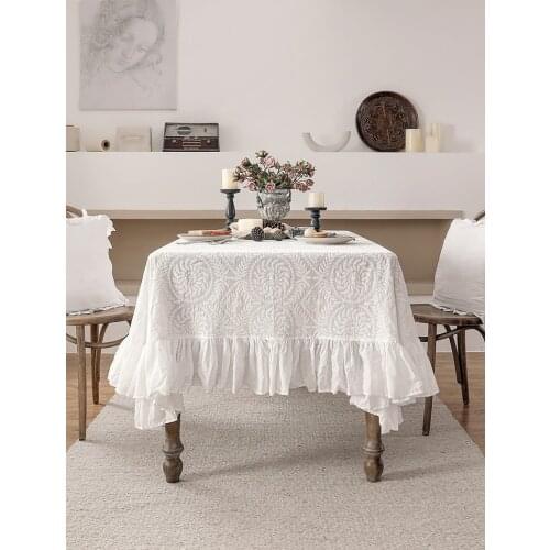 France Retro Cotton Tablecloth High Quality Nordic Luxury White Table Covers Embroidered Floral Table Cloths Dinning Room Decor
