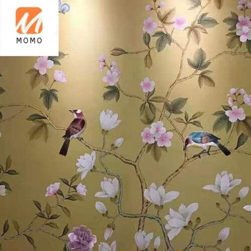 Graceful Fine Ink Painted Chinoiserie Style Handpainted Silk Wallpaper