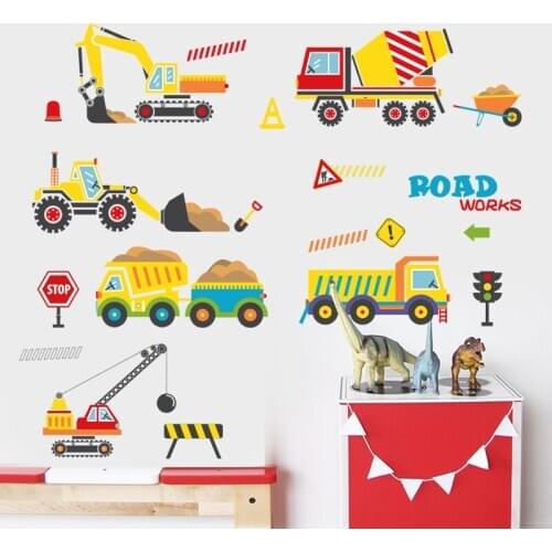 Cartoons Road Work Car Wall Stickers for Boy Kids Living Room Bedroom Home Decor Kindergarten Mural Wall Decals Decoration