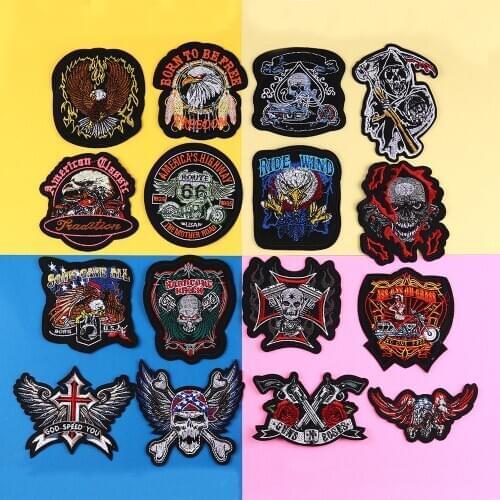 Punk Rock Bike Patches Embroidery Biker Appliques Motorcycle Iron On Rose Gun Patches For Clothes Jeans Vest Jacket Back Patch