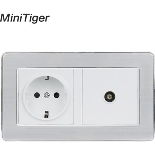 Minitiger 16A Russia Spain EU Standard Power Socket Grounded With Female TV Jack Stainless Steel Brushed Panel Wall Outlet
