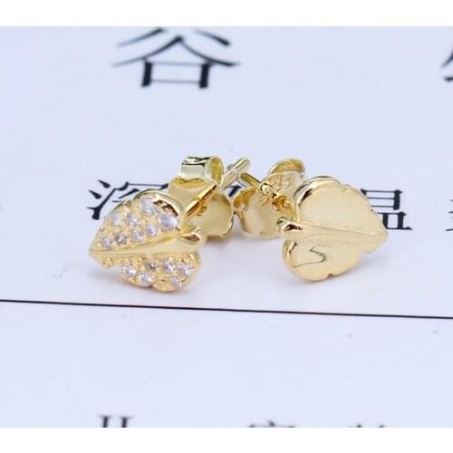 Original S925 Sterling Silver Pan Earring Shining Leaves Gold Leaf Earrings For Women Wedding Gift Fashion Jewelry