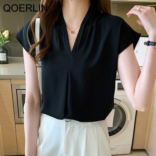 QOERLIN Black White Shirt Female Summer New Satin Shirt Korean V-neck Blouse Chic OL Style Formal Chiffon Top Shirts Plus Size