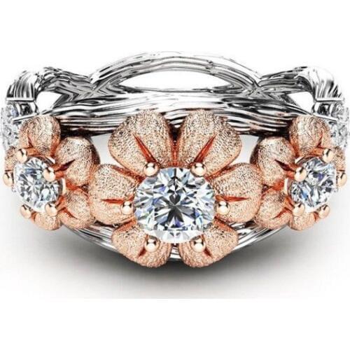 Luxury Rose Gold Big Flower Ring Female Silver Plant Cubic Zirconia Love Wedding Engagement Ring For Women Anniversary Gift