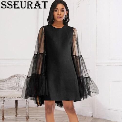 SSEURAT Women Black Mini Dress Patchwork Mesh Long Sleeves Transparent Elegant O Neck Sexy Ladies Evening Party Gowns