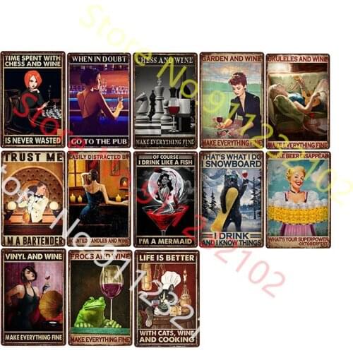 Drink and Wine Make Ererything Fine Wall Plate Metal Vintage Garage Decor Bar Pub Man Cave Decorative