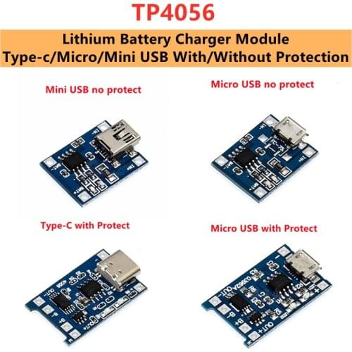 Type-c/Micro/Mini USB 5V 1A 18650 TP4056 Lithium Battery Charger Module Charging Board With Protection Dual Functions 1A Li-ion