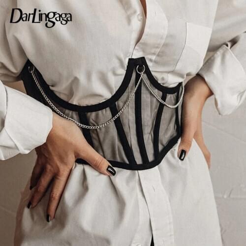 Darlingaga Streetwear Mesh Patchwork Chain Bustier Top Female Black Lace Up Rave Corset Top Party Sexy Cummerbunds To Wear Out