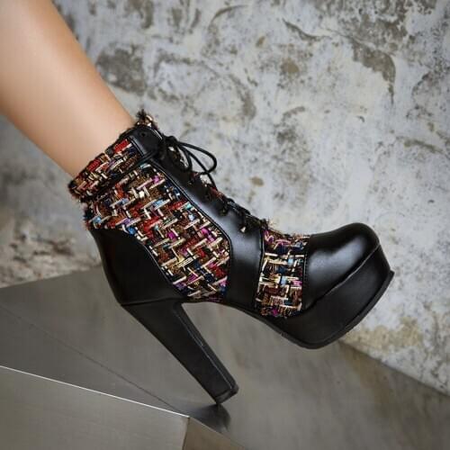 OLOMLB Womens Ankle Boots Platform Match Colors Block Super High 12CM Heel Side Zipper Shoes Warm Winter Plus Size Black Blue