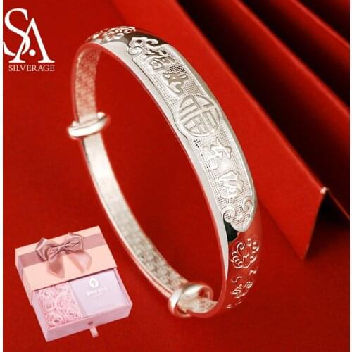 SA SILVERAGE Womens Elderly Silver Bracelet Mothers Style Jelewery Send Parents 2021 37g 999 Sterling Silver Solid Bracelet