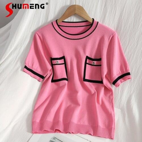 2021 Summer Womens New Korean Style Double Pocket Contrast Color Knitted Top Ladies Fashion Round Neck Casual Pullover Knitwear
