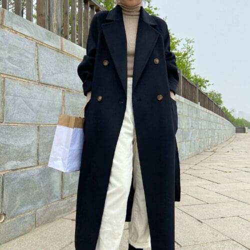 2021 Winter Korean Long Lacing Belt Double Breasted Black Water Ripple 100% Wool Coat Women Loose Plus Size Woolen Overcoat