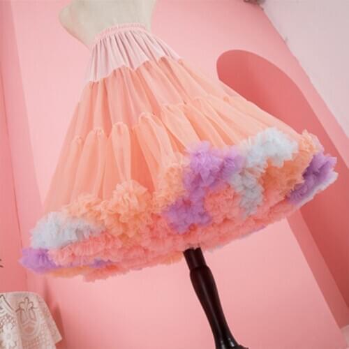 Rainbow Lolita Underskirt Dress Women Bridal Chiffon Cosplay Short Petticoat Tutu Skirt Floral Lace Trim Princess Petticoat
