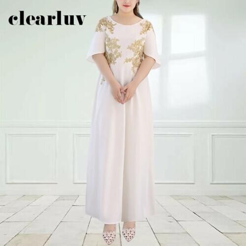 White Evening Dress Plus Size DR1013 Elegant Gold Embroidery Lace Prom Dress O-neck Women Party Gowns A Line Vestidos De Fiesta