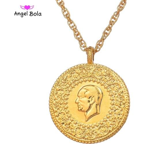 Gold Color Turkish Coins Jewelry Ethnic Gifts Three Size Muslim Islam Turkey Ataturk Pendant Allah Arab Necklaces for Women