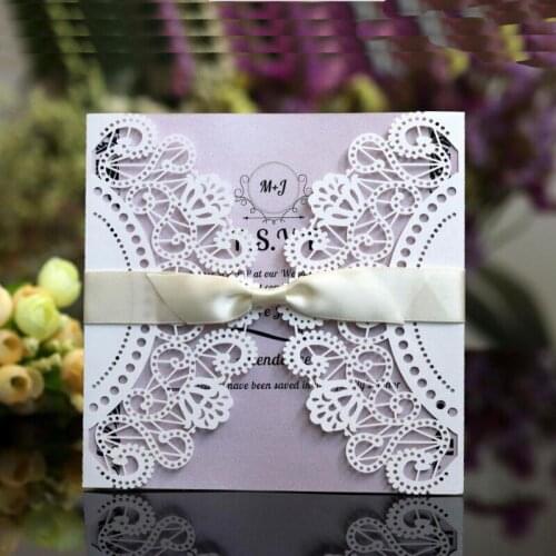 100pcs/lot Laser Cut Wedding Invitations Card Elegant paper card With Ribbon Event Birthday Party Wedding Decoration