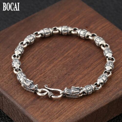 2019 new 100% ture S925 pure silver jewelry six-word mantra barrel beads faucet Thai silver bracelet for Man mans bracelet