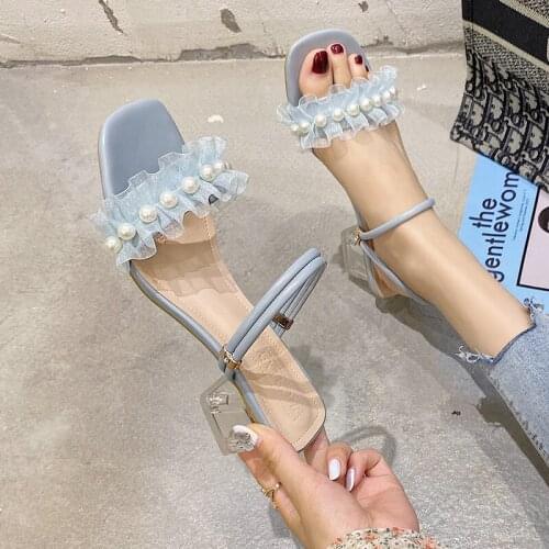 Sandals 2021 New Clear Heels Thick Heel Mid-heeled Fairy Style Fashion Two Wear Slippers Women Wear Korean Version of High Heels