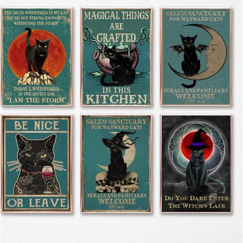 Witch Black Cat With Moon Vintage Posters & Prints , Magical Witchery Cats Kitchen Quote Wall Art Pictures Canvas Painting Decor