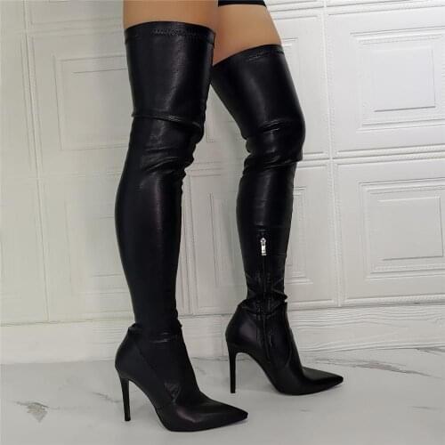 Disploot New Fashion Woman Black Leather Over The Knee Boots Sexy lady Pointed Toe Slim Long Botas High Quality Cheap Plus Size