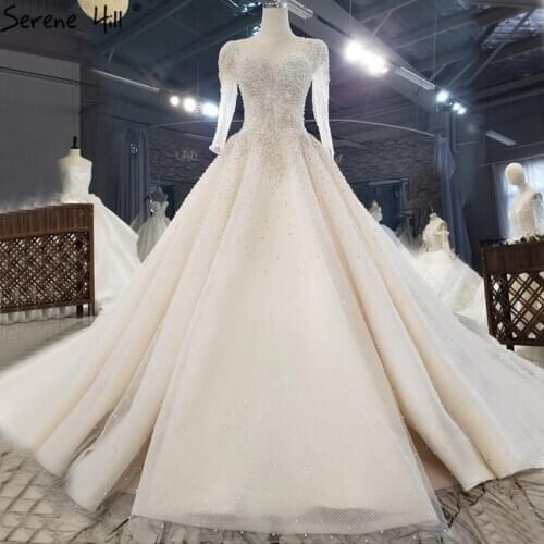 Dubai Champagne Long Sleeve Sexy Wedding Dresses 2020 High-end Sparkle Pearl Crystal Bridal Gowns HX0215 Custom Made