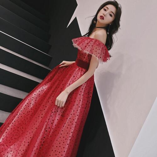 Wine dress Bride Spring wedding new summer noble shoulder elegant modern elegant red dress