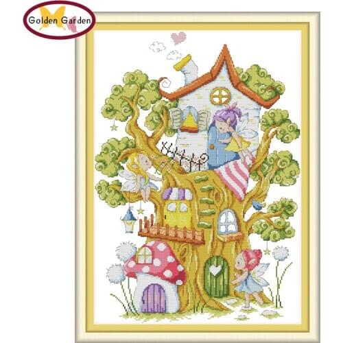 GG Tree Elves Stamped Cross Stitch Patterns DIY Kits Needlework Embroidery Sets Joy Sunday Cartoon Cross Stitch for Home Decor