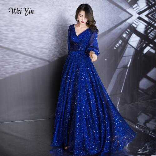 Wei yin AE0290 Blue A-Line Long Evening Dresses Deep V-Neck Silver Star Long Sleeve Elegant Formal Dresses Robe Soirée