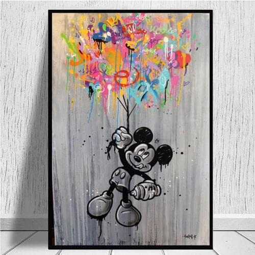 Graffiti Art Black and White Cartoon Mickey Mouse Canvas Poster and Prints Creative Wall Art Pictures for Living Room Decor