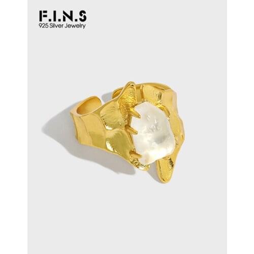 F.I.N.S 100% Solid 925 Sterling Silver Adjustable Finger Rings Uneven Surface Inlaid Natural Crystal Statement Silver Jewelry