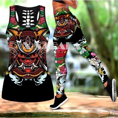 Samurai Tattoo Art Legings Two Piece Yoga Set Women 3D Print Vest Hollow Out Tank Top High Waist Legging Summer Casual Sport-3