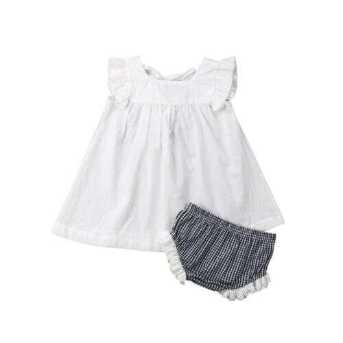 2020 Newborn Infant Kid Baby Girl Summer Clothes Sets 2PCS Ruffles Short Sleeve White T-Shirts Tops+PP Plaid Shorts 0-24M
