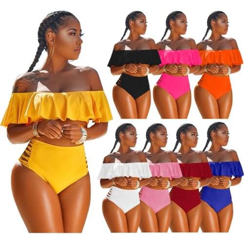 Two Piece Swimsuit Sexy Solid Color Ruffle One Shoulder Hollow Out Swimwear Women Summer