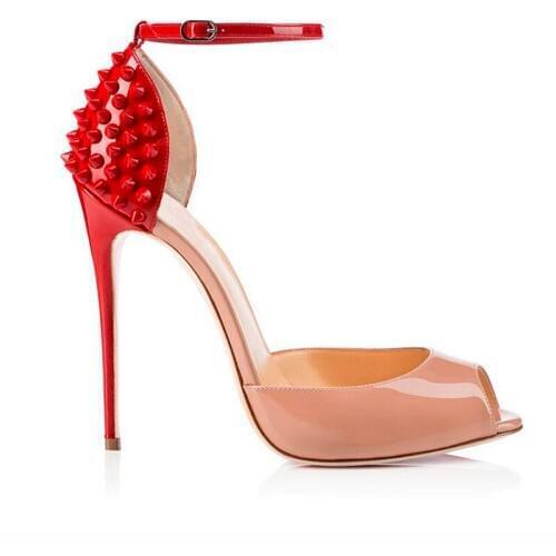 Summer Fashion Gladiator Sandals Women Thin High Heels Patent Leather Red Rivets Peep Toe Designer Shoes Luxury Elegant Pumps