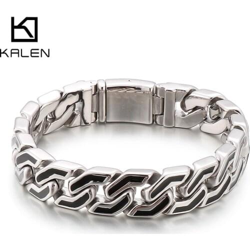 15mm Cuban Bracelet Men Stainless Steel 316L With Black Resin Trendy Bangle