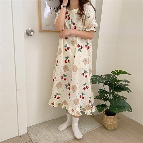 Kawaii Cartoon Print Cherry Nightgown Women Korean Cotton Sleepwear Women Loose Soft Short Sleeve Home Clothes Ruffles