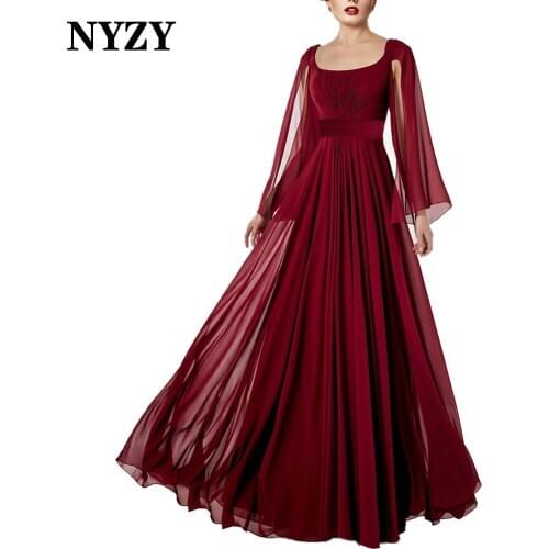 NYZY M348 Elegant Chiffon Cape Long Sleeves Burgundy Evening Dresses 2021 Wedding Party Formal Evening Gowns for Women