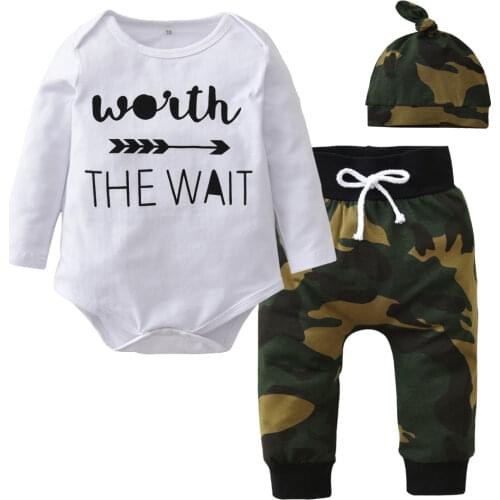 Army Green Newborn Baby Girl Boy Clothes Long Sleeve Romper + Camouflage Pants + Hat Toddler Outfits Baby Clothing 3Pcs Suit