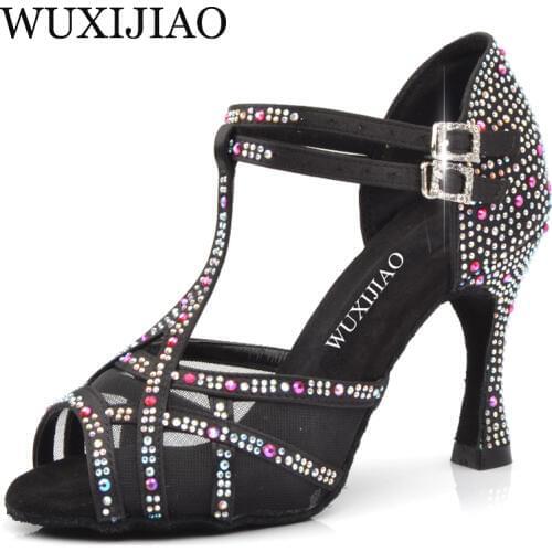 WUXIJIAO Ladies Latin dance shoes with black satin rhinestone style high heels salsa dancing shoes heel 9cm