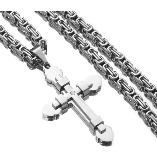 Trendy Cross Pendant Necklace New Fashion Male Jewelry Gold Color Stainless Steel Thick Link Byzantine Chain Choker 18-32inch