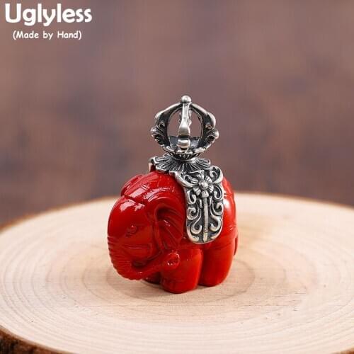 Uglyless Real Cinnabar Jade Elephant Pendants for Women Thai Silver Animals Elephants Necklaces NO Chain 925 Silver Ethnic Jewel