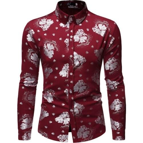 Wine Red Nightclub Sliver Flowered Printed Shirt Men 2020 Brand New Slim Fit Long Sleeve Button Down Mens Party Dress Shirts