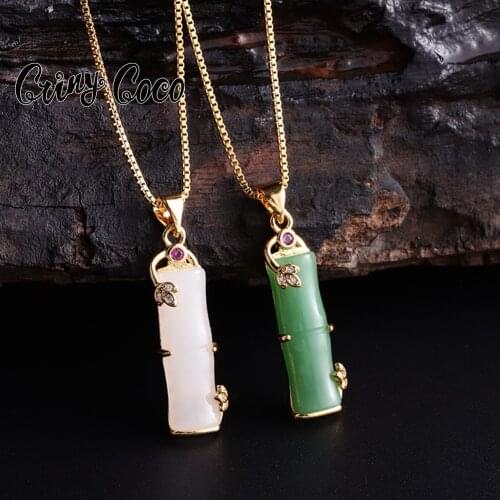 Cring Coco Jewelry Bamboo Pendant Necklace Trendy 24k Gold Color Chain Choker New Designs Green Necklaces for Women Party 2021