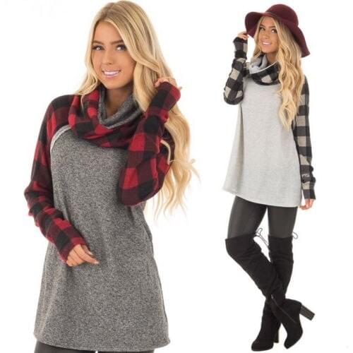 2017 Womens Bow Collar Long T-shirt Loose Long Sleeve Shirt Plaid Patchwork Fashion Tops